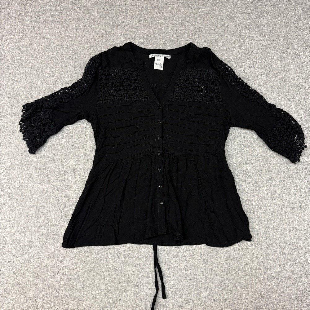 American Rag Crochet Lace Pintuck Button Front Boho Top Small Black Tie Back